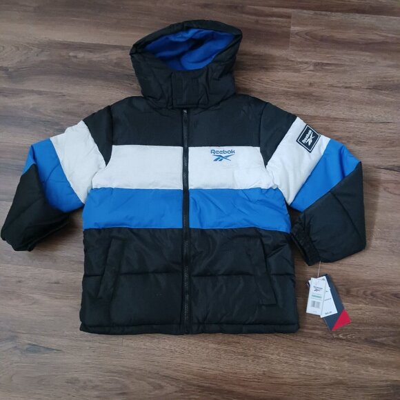 REEBOK COLORBLOCK HOODED PUFFER COAT BLUE FLEECE KIDS SIZE 8 NWT $85